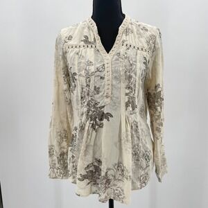 Vintage America Blues Oak Floral Peasant Blouse Cream Brown Lace Trim Small